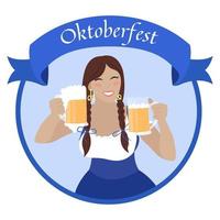 oktoberfestflicka med ölmuggar. vacker ung kvinna i bayersk klänning dirndl. vektor platt illustration