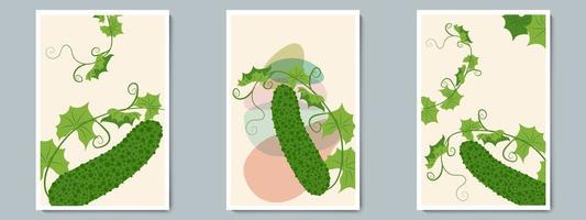 bunte Gurken-Wand-Kunst-Vektor-Poster-Set. minimalistisches Gemüse mit einfacher Form und grünen Blättern vektor