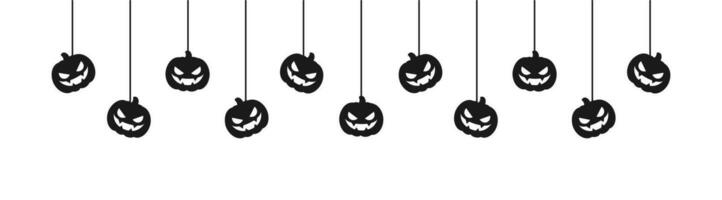 glücklich Halloween Banner Rand mit Jack Ö Laterne Kürbisse hängend von Spinne Netze. gespenstisch Ornamente Dekoration Vektor Illustration, Trick oder behandeln Party Einladung