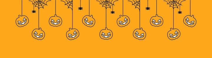 glücklich Halloween Banner oder Rand mit Jack Ö Laterne Kürbisse. hängend gespenstisch Ornamente Dekoration Vektor Illustration, Trick oder behandeln Party Einladung