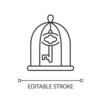 Schlüssel im linearen Käfigsymbol. Zutritt verschaffen. schwierige Situation lösen. Rätsel lösen. dünne Linie anpassbare Illustration. Kontursymbol. Vektor isolierte Umrisszeichnung. bearbeitbarer Strich