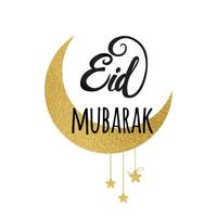 kreativ Vektor Halbmond Mond mit golden Sterne zum heilig Monat von Muslim Gemeinschaft, eid Mubarak Feier gemacht im Gold funkelnd Stil. Banner, Karte, Logo, drucken, Symbol, Zeichen Design Illustration