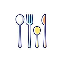 Gabeln, Messer und Löffel RGB-Farbsymbol. isolierte Vektor-Illustration. Dinner-Accessoires für das Essen zu Hause. Küchenausstattung. schönes Design von Geschirr einfache gefüllte Strichzeichnung. vektor
