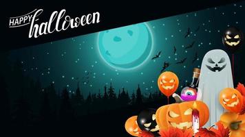 Halloween-Hintergrund, Vorlage für Ihre Kreativität mit blauer Nachtlandschaft mit Vollmond über dunklem Wald. Vorlage für Ihre Kunst vektor