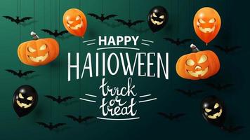 Happy Halloween, Süßes oder Saures, kreative Grußpostkarte mit Fledermäusen, Kürbissen und Luftballons, die mit Seilen an die Decke gebunden und in der Luft schweben vektor