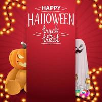 Fröhliches Halloween, Süßes oder Saures, rotes Quadrat-Vorlage für Ihre Kreativität mit Geist und Teddybär mit Kürbiskopf, vektor