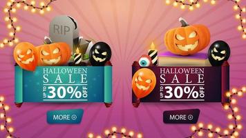 två rabatt halloween bvnner i form av en pergamentrulle. gravsten, stavningsbok, pumpajack och halloweenballonger vektor