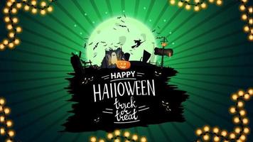 Happy Halloween, Süßes oder Saures, kreative Grußpostkarte mit Portal mit Geistern und Kürbis-Jack vektor