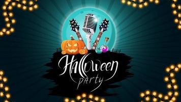 halloween fest, kreativ festinbjudan banner med mikrofon, gitarrer, pumpor och kolvar med dryck. blå mall för halloween fest affisch vektor