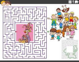 labyrint pedagogiskt spel med tecknad clown och barn vektor
