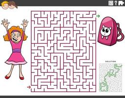 labyrint pedagogiskt spel med tecknad flicka och ryggsäck vektor