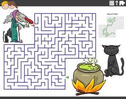 Labyrinth-Lernspiel mit Cartoon-Hexe und Kessel vektor