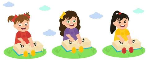 Mädchen mit Lehrbuch Sitzung auf das Gras im Karikatur Stil, süß Mädchen Illustration vektor