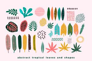 Set av abstrakta tropiska löv. vektor