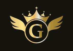 Brief G Flügel Logo Konzept mit Krone Symbol Vektor Vorlage. Flügel Symbol