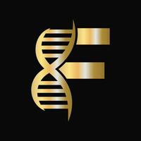 brev f dna logotyp design begrepp med dna cell ikon. hälsa vård symbol vektor