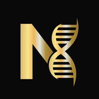 Brief n DNA Logo Design Konzept mit DNA Zelle Symbol. Gesundheit Pflege Symbol vektor