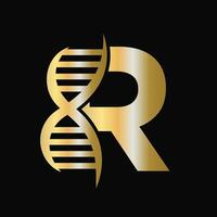 Brief r DNA Logo Design Konzept mit DNA Zelle Symbol. Gesundheit Pflege Symbol vektor