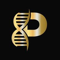 brev p dna logotyp design begrepp med dna cell ikon. hälsa vård symbol vektor