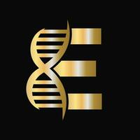 Brief e DNA Logo Design Konzept mit DNA Zelle Symbol. Gesundheit Pflege Symbol vektor