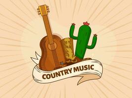 Land Musik- Text Band mit Gitarre, Cowboy Stiefel, Kaktus Pflanze auf retro Strahlen Pfirsich Hintergrund. vektor