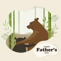 Lycklig fars dag hälsning kort eller affisch design med söt Björn och son duo karaktär i bambu landskap. vektor