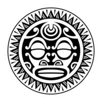 runden tätowieren Ornament mit Sonne Gesicht Maori Stil. afrikanisch, Azteken oder Maya ethnisch Maske. schwarz und Weiß. vektor