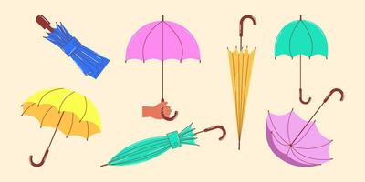 anders Regenschirme im verschiedene Positionen. öffnen und gefaltet Regenschirme. Vektor Illustration von Regenschirme im Karikatur Stil.
