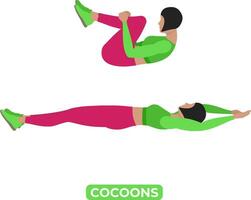 Vektor Frau tun Kokons Körpergewicht Fitness Abs und Ader trainieren Übung. ein lehrreich Illustration auf ein Weiß Hintergrund.