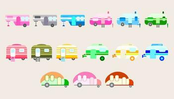 samling camping husvagn bilar och trailers fordon av resa husvagnar för camper.set av camping bil. vektor