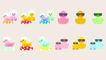 Sammlung Symbol Gummi Ente oder ducky Bad Spielzeug Wohnung. süß Gummi schwebend zum Kinder. einstellen von Gummi Ente. vektor