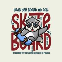 süß Waschbär Skateboardfahrer Karikatur Charakter T-Shirt Design vektor