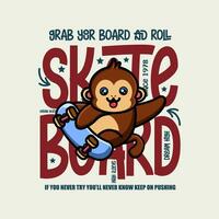 süß Affe Skateboardfahrer Karikatur Charakter T-Shirt Design vektor