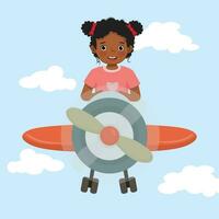 söt liten afrikansk flicka flygande ett flygplan i de blå himmel vektor