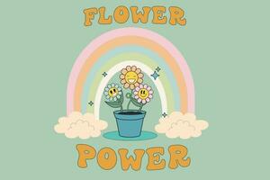 häftig hippie 70s blomma kraft. rolig tecknad serie blomma, rainbow,daisy.vector illustration i trendig retro psychedelic tecknad serie stil. färgrik blommar. rolig blommig bakgrund. vektor