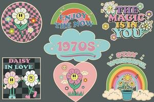 einstellen von 70er Jahre groovig Element Vektor. Sammlung von Karikatur Figuren, Gekritzel Lächeln Gesicht Blumen, Sonne, Regenbogen, Herz und Sterne. süß retro groovig Hippie Design zum dekorativ, Aufkleber. Vektor