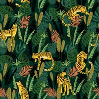 Vestor sömlöst mönster med leoparder och tropiska löv. vektor