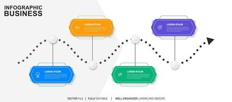 Konzept von Pfeil Geschäft Modell- mit 4 aufeinanderfolgend Schritte. vier bunt Grafik Elemente. Zeitleiste Design zum Broschüre, Präsentation. Infografik Design Layout vektor