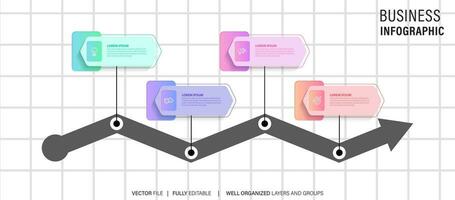 Zeitleiste Infografik mit Infodiagramm. modern Präsentation Vorlage mit 4 Schritte zum Geschäft Verfahren. Webseite Vorlage auf Weiß Hintergrund zum Konzept modern Design. horizontal Layout. vektor