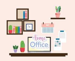 Home-Office-Innenraum-Laptop-Kaktus-Regale mit Bücheruhr und Kalender an der Wand vektor