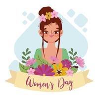 Frauentag süßes Mädchen mit Brötchen Haar und Blumen Dekoration Cartoon vektor