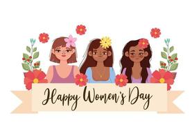 kvinnans dag handskrivna text och flickor med blommor firande kort vektor