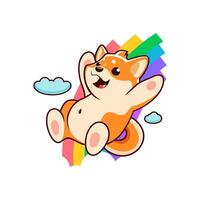 Karikatur glücklich Shiba inu Hund gleiten ein Regenbogen vektor