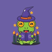 Hexe Frosch lesen buchstabieren Buch. süß Halloween Karikatur Illustration. vektor