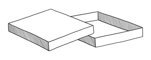 schwarz Vektor isoliert auf ein Weiß Hintergrund Gekritzel Illustration von ein öffnen Karton Pizza Box