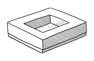 svart vektor isolerat på en vit bakgrund klotter illustration av en stängd kartong låda med en transparent hål för bakning och sötsaker