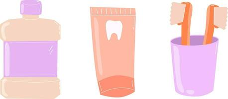 einstellen zum Dental Hygiene von ein Bürste, Mundwasser und Zahnpasta. Vektor Illustration