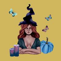 Mädchen im ein schwarz Hut, Kürbis, Kerzen, Schmetterlinge. Vektor Illustration zum esoterisch und Halloween. Design Element zum Gruß Karten, Urlaub Banner, Flyer, Abdeckungen.