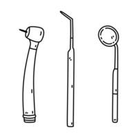 medicinsk tandvård verktyg isolerat på vit bakgrund. dental sond, inspektion spegel och dental borra. vektor ritad för hand illustration i klotter stil. perfekt för logotyp, olika mönster.