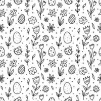 söt sömlös mönster med påsk ägg, Nyckelpigor och blommor. vektor ritad för hand klotter illustration. perfekt för Semester mönster, skriva ut, dekorationer omslag papper, tapet.